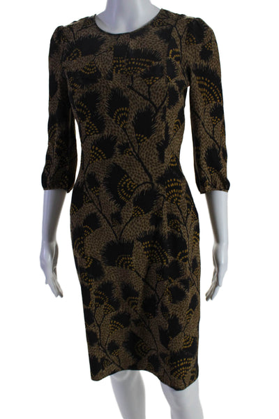 Burberry London Womens Silk Brown Printed Crew Neck 3/4 Sleeve Shift Dress Size2