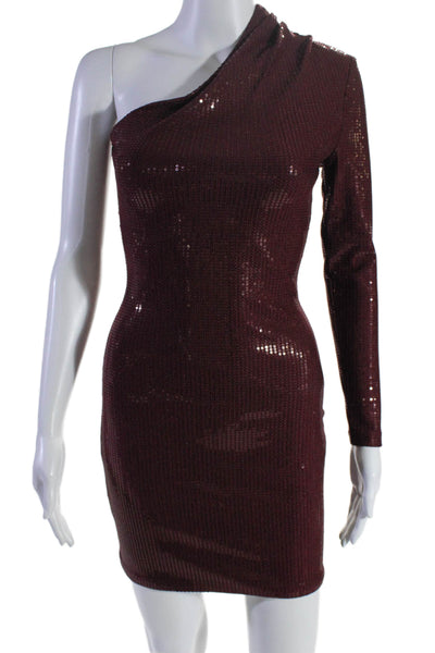 Solace London Womens Dark Red Sequins One Shoulder Long Sleeve Mini Dress Size 0