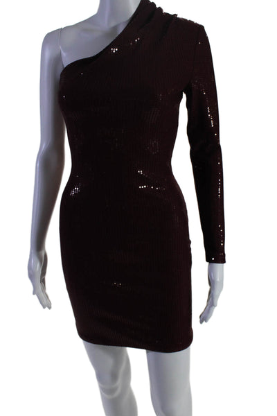 Solace London Womens Dark Red Sequins One Shoulder Long Sleeve Mini Dress Size 0