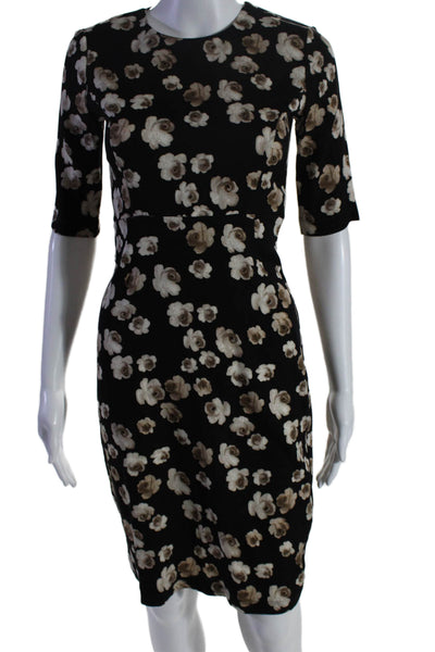 Suno Womens Silk Blend Black Floral Crew Neck Short Sleeve Shift Dress Size 2