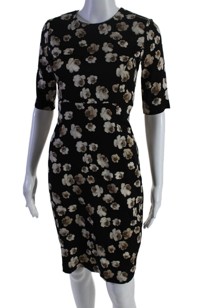 Suno Womens Silk Blend Black Floral Crew Neck Short Sleeve Shift Dress Size 2