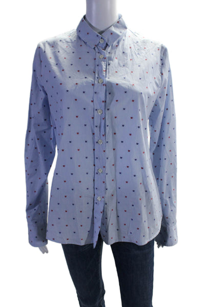 Rani Arabella Womens Striped Butterfly Print Shirt Blue White Size Large