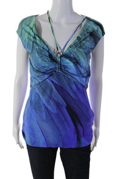 Roberto Cavalli Womens Sleeveless Gathered V Neck Blouse Multicolor Size 46