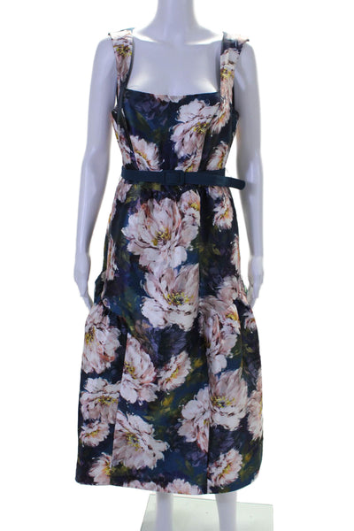 Kay Unger Womens Floral Sleeveless Square Neck Belted Dress Multicolored Size 10