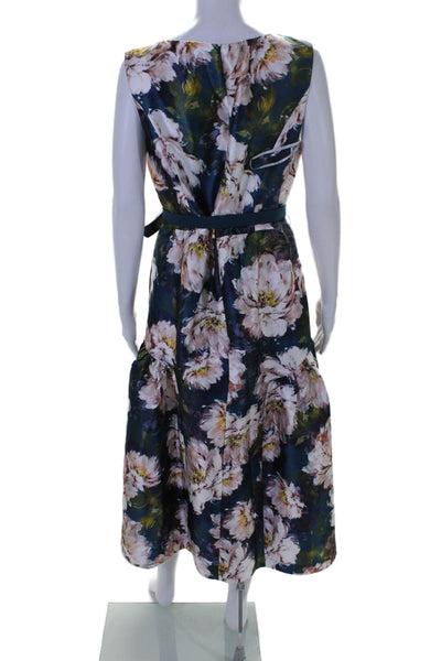 Kay Unger Womens Floral Sleeveless Square Neck Belted Dress Multicolored Size 10