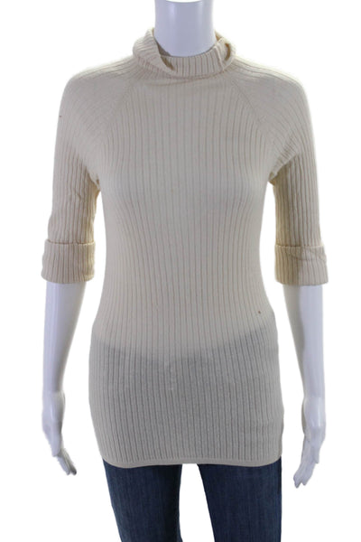 Vince Women's Turtleneck Short Sleeves Ribbed Sweater Cream Size S