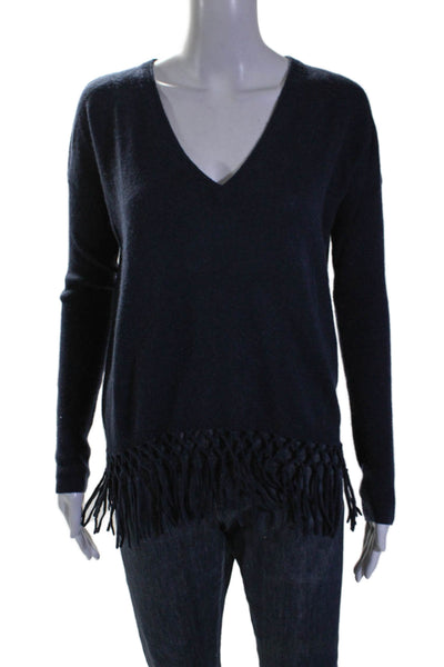 Autumn Cashmere Womens Cashmere V-neck Long Sleeve Sweater Dark Blue Size S