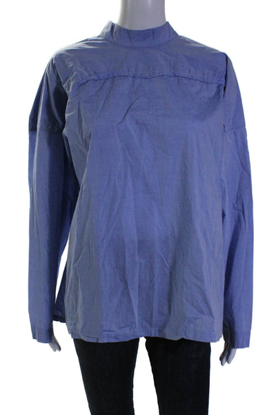 E.M. Reitz Womens Cotton Long Sleeve High Neck Lined Blouse Blue Size L