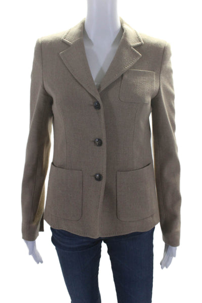 Escada Womens Wool Stitch Detailed Collared Buttoned Blazer Beige Size 36