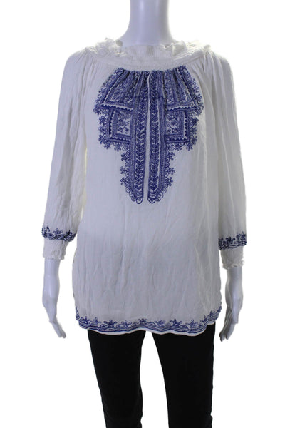 Tularosa Womens Long Sleeve Off Shoulder Embroidered Top White Blue Size XS