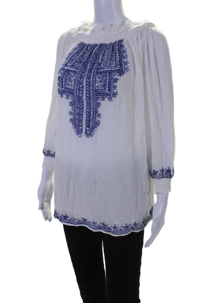 Tularosa Womens Long Sleeve Off Shoulder Embroidered Top White Blue Size XS