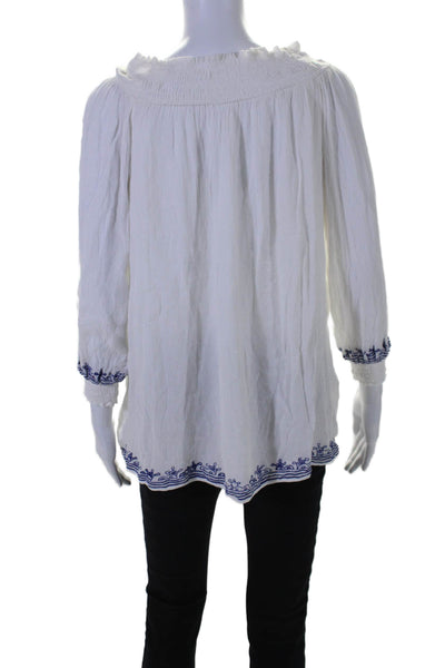 Tularosa Womens Long Sleeve Off Shoulder Embroidered Top White Blue Size XS