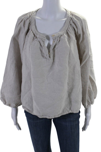 Gillian Stevens Womens Linen Buttoned Long Sleeve Blouse Gray Size 5