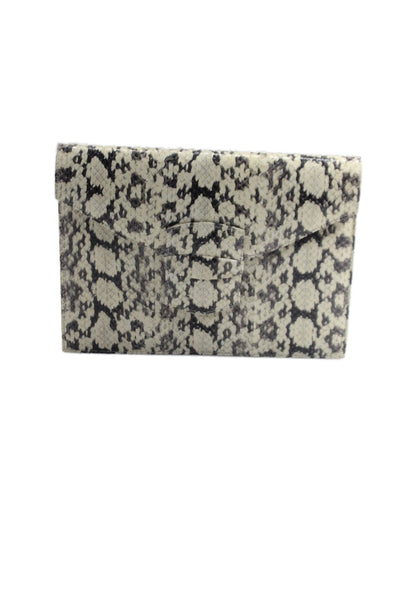 Oscar de la Renta Womens Snakeskin Flap Envelope Clutch Handbag White Gray