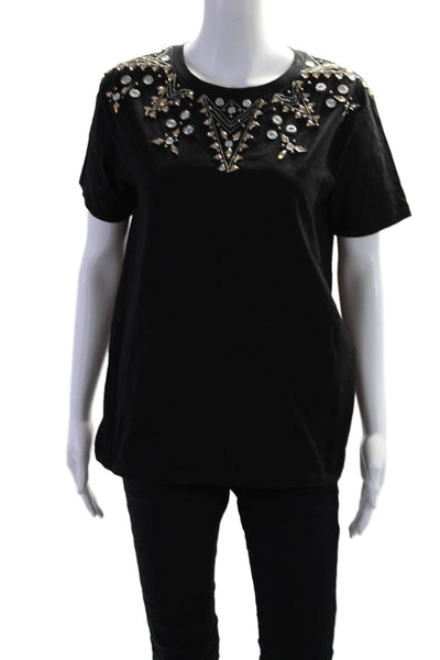 Sandro Womens Beaded Jeweled Detail Short Sleeves Shirt Black Cotton Size 1