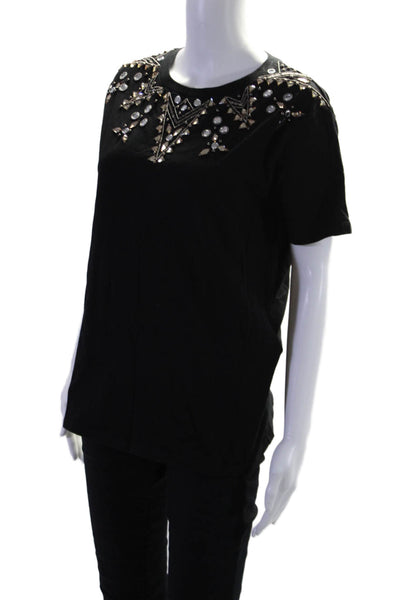 Sandro Womens Beaded Jeweled Detail Short Sleeves Shirt Black Cotton Size 1