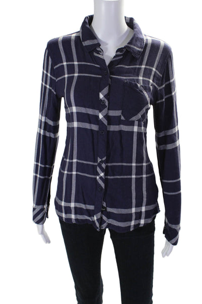 Rails Womens Plaid Button Down Long Sleeves Shirt Navy Blue White Size Extra Sma