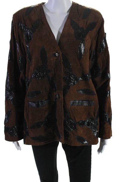 Tagore Womens Suede Embroidered Button Down Jacket Brown Black Size Medium