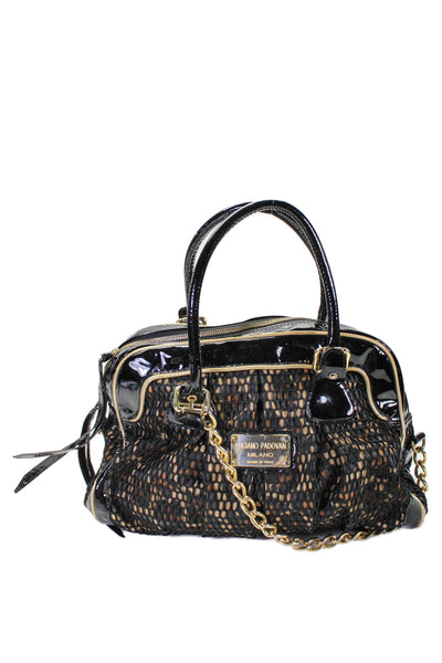 Luciano Padovan Womens Patent Leather Gold Tone Shoulder Handbag Black Beige