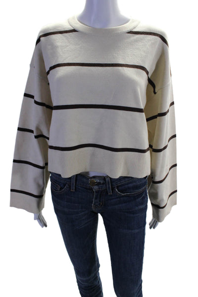 Le Lis Womens Oversized Round Neck Striped Sweater White Brown Size Extra Small