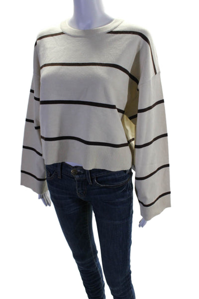 Le Lis Womens Oversized Round Neck Striped Sweater White Brown Size Extra Small