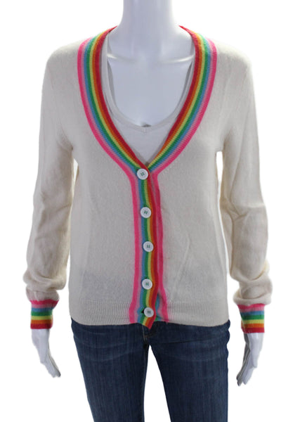 Jumper Womens Cashmere Button Down Striped Trim Cardigan Beige Size 1