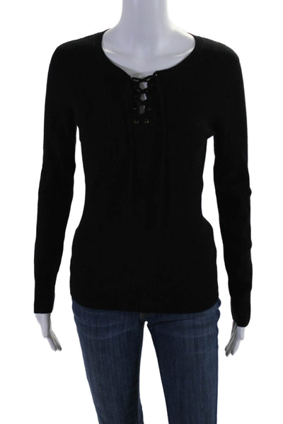 525 America Womens Ribbed Long Sleeve Lace Up Blouse Black Size S