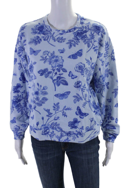 Terez Womens Cotton Floral Print Long Sleeve Crewneck Top Blue Size S