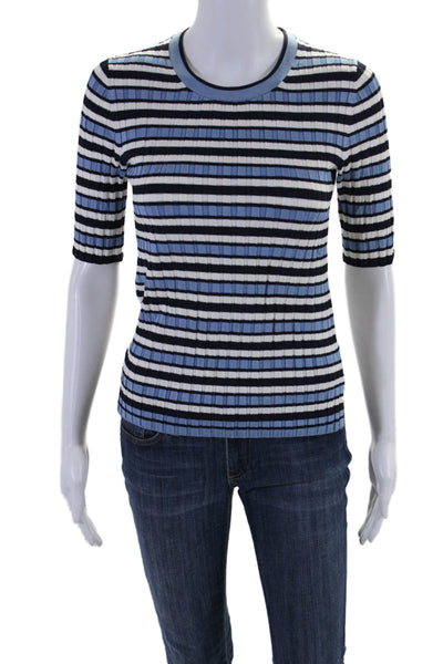 Veronica Beard Womens Short Sleeve Striped Ribbed Top Blue Size XS