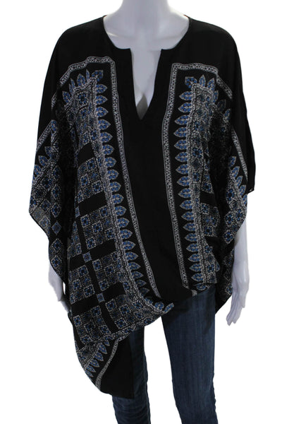 BCBGMAXAZRIA Womens 3/4 Sleeve V Neck Abstract Kaftan Top Black Blue Size Medium