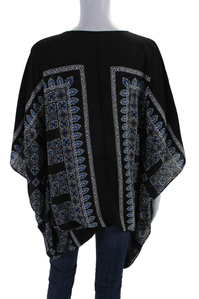 BCBGMAXAZRIA Womens 3/4 Sleeve V Neck Abstract Kaftan Top Black Blue Size Medium