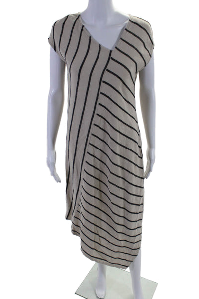 Tahari Womens Short Sleeve V Neck Striped Linen Shift Dress Brown Black Small