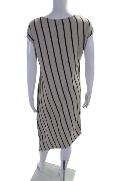 Tahari Womens Short Sleeve V Neck Striped Linen Shift Dress Brown Black Small