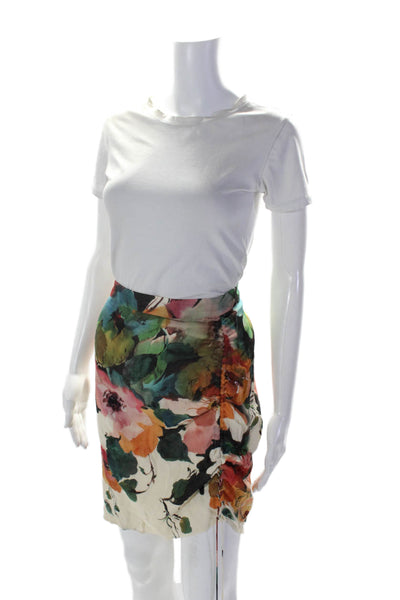 Haute Hippie Womens Back Zip Ruched Front Floral Silk Skirt White Multi Size 10