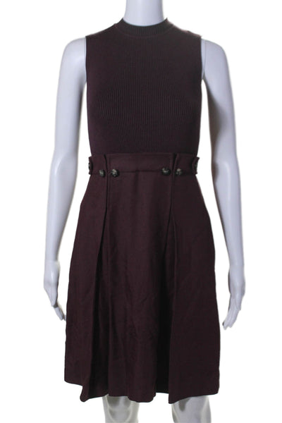 Sportmax Women's Round Neck Sleeveless Pleated Flare Mini Dress Burgundy Size 2