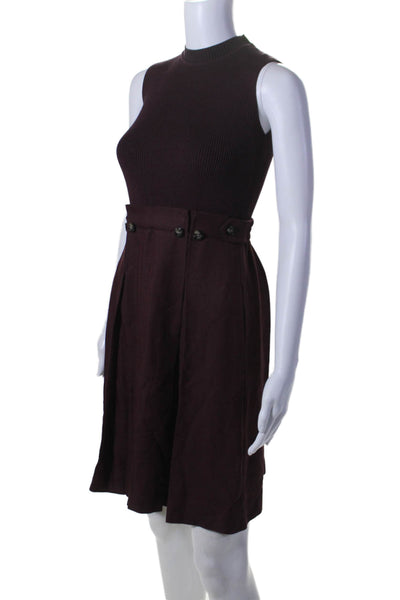 Sportmax Women's Round Neck Sleeveless Pleated Flare Mini Dress Burgundy Size 2