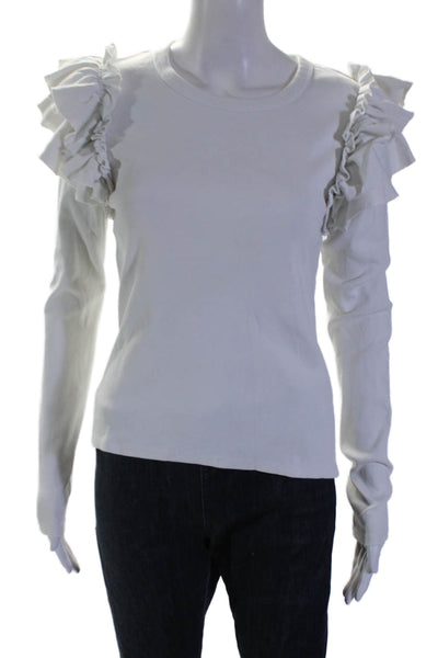 Veronica Beard Womens Cotton Ruffle Trim Scoop Neck T Shirt Blouse White Size S