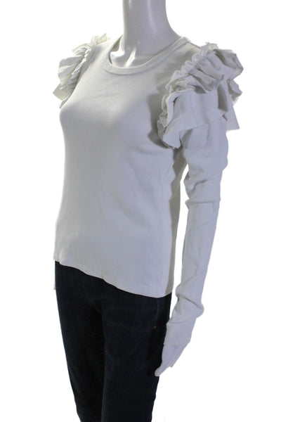 Veronica Beard Womens Cotton Ruffle Trim Scoop Neck T Shirt Blouse White Size S