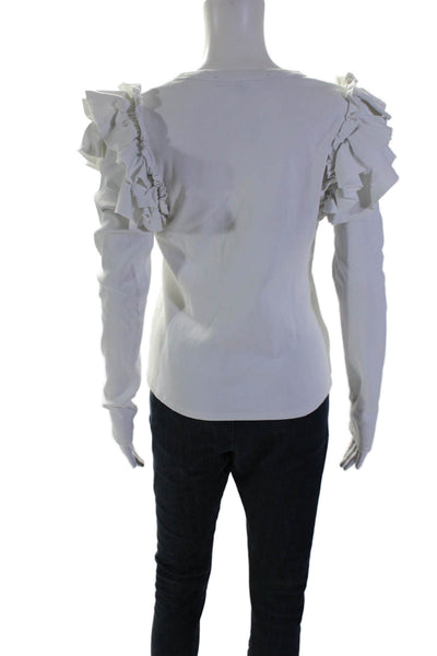 Veronica Beard Womens Cotton Ruffle Trim Scoop Neck T Shirt Blouse White Size S