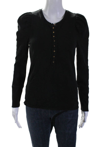 Nation LTD Womens Cotton Long Sleeve Ruffle Trim Button Up Top Black Size S