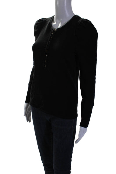 Nation LTD Womens Cotton Long Sleeve Ruffle Trim Button Up Top Black Size S