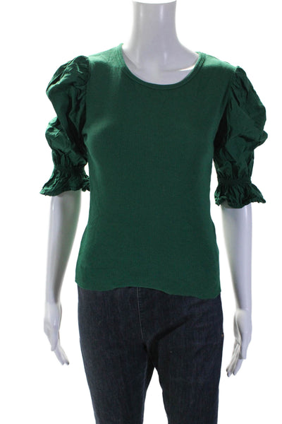 Nation LTD Womens Cotton Short Puff Sleeve Crewneck T Shirt Blouse Green Size S