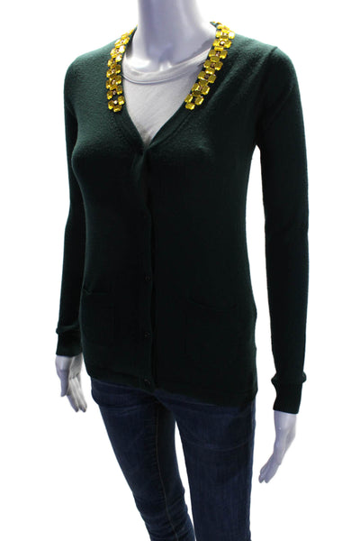 Kate Spade New York Womens Wool Beaded Studded Button Up Sweater Green Size XS