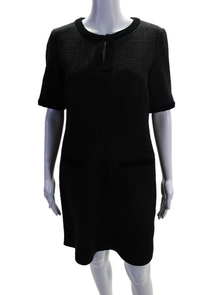 Gerard Darel Womens Cotton Textured Black Velvet Trim V-Neck Shift Dress Size 40