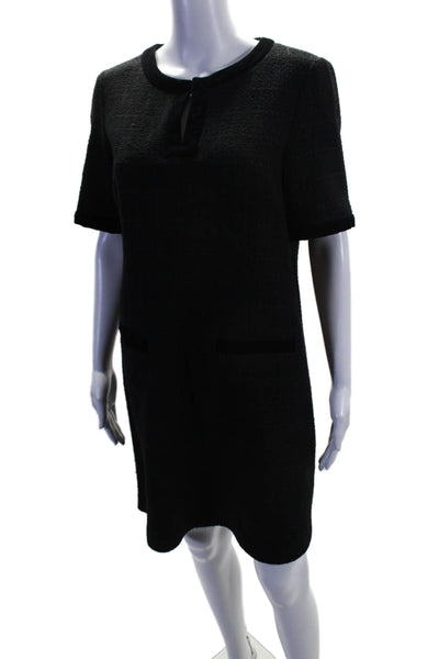 Gerard Darel Womens Cotton Textured Black Velvet Trim V-Neck Shift Dress Size 40