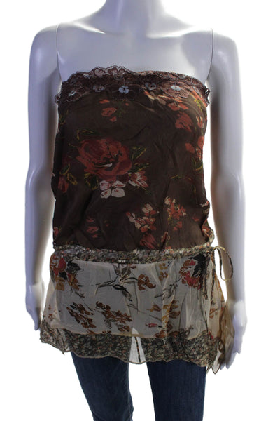 Hale Bob Womens Strapless Floral Printed Silk Top Brown White Size Medium