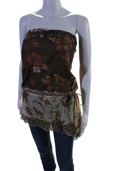 Hale Bob Womens Strapless Floral Printed Silk Top Brown White Size Medium