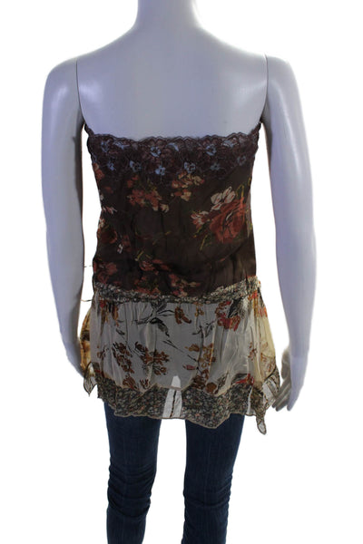 Hale Bob Womens Strapless Floral Printed Silk Top Brown White Size Medium