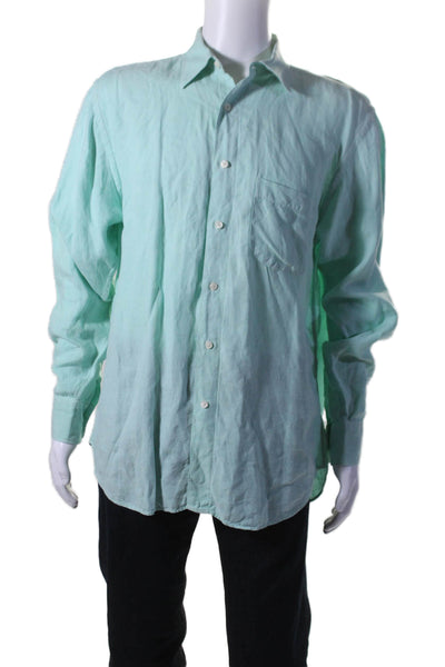 Vilebrequin Mens Button Front Long Sleeve Collared Shirt Green Cotton Size Large