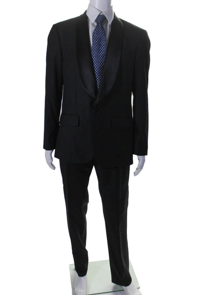 H&M Mens Single Button Satin Collar Pleated Tuxedo Suit Black Wool Size 42R